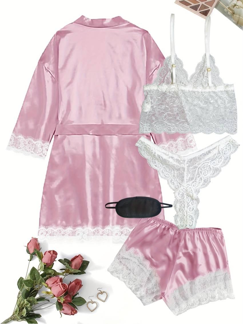 Luxurious Floral Lace Satin Lounge Set - Soft & Stylish Robe with Belt, V-Neck Cami, Thongs & Shorts - Womens Comfy Sleepwear for Chic Nighttime Glamour - Image 20