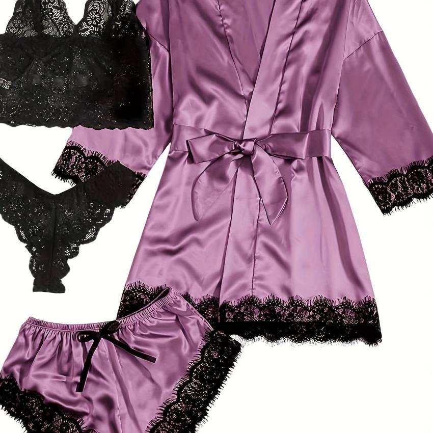 Three Quarter Sleeve Satin Elegant Lounge Set, Contrast Lace Robe With Belt, Cami Bra, Panty, and Elastic Shorts, Women's Loungewear - Image 37