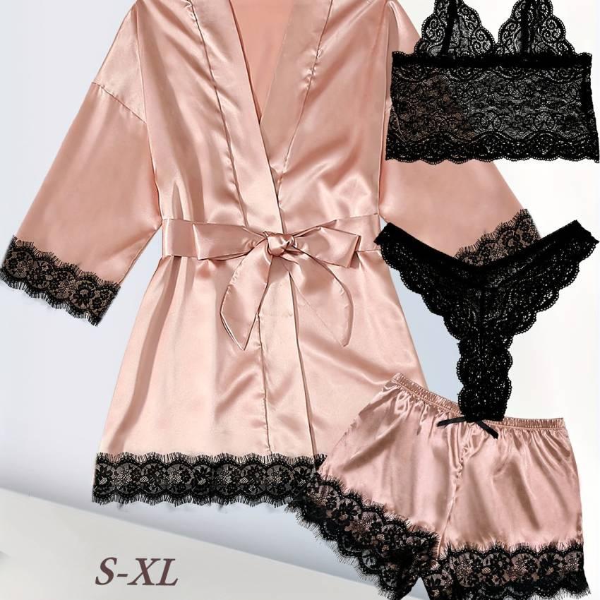 Luxurious Floral Lace Satin Lounge Set - Soft & Stylish Robe with Belt, V-Neck Cami, Thongs & Shorts - Womens Comfy Sleepwear for Chic Nighttime Glamour - Image 66