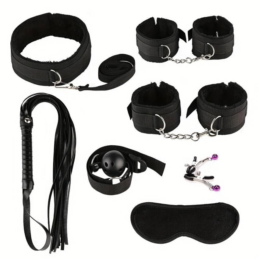 7pcs BDSM Bondage Couple Sex Handcuff Mouth Gag Nipple Clamp Whip Sexy Nylon Plush Adult Products Alternative Bundled Couple Flirting Adult Supplies - Image 7