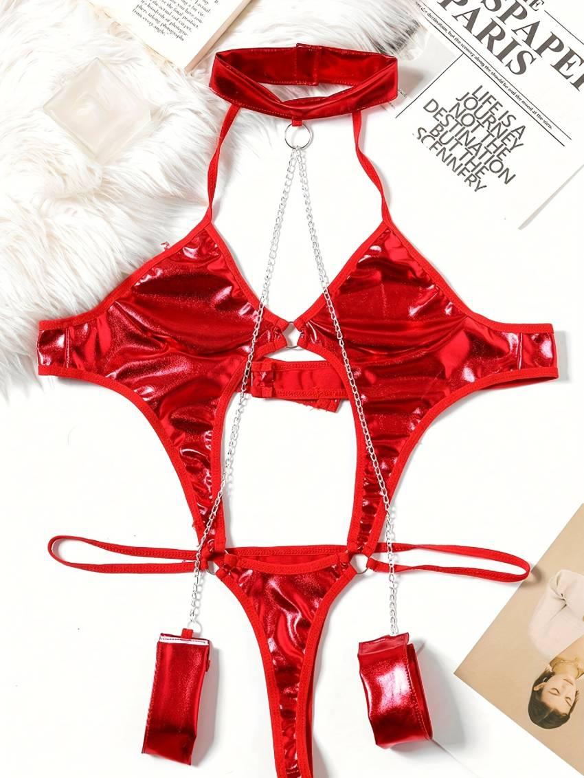 Classic Bondage Red Patent Leather Handcuff Bodysuit Costume - Adult, Sexy, Metal Chain Details, Solid Color, Knit Fabric, 1 Piece