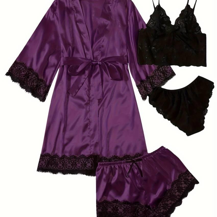 Three Quarter Sleeve Satin Elegant Lounge Set, Contrast Lace Robe With Belt, Cami Bra, Panty, and Elastic Shorts, Women's Loungewear - Image 40