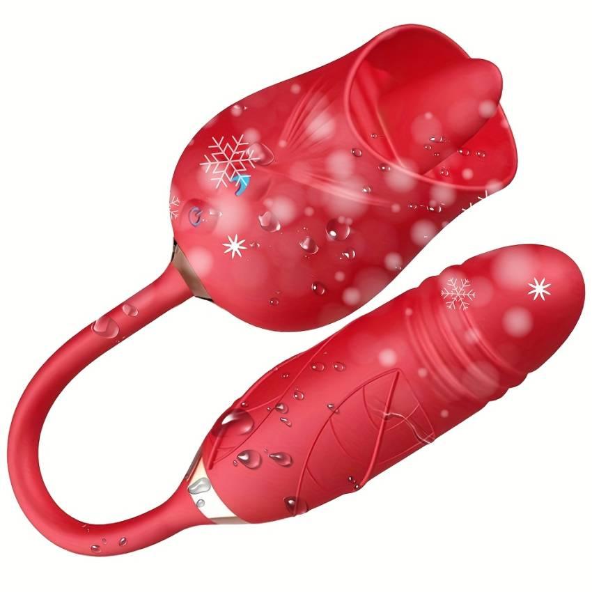 1pc Tongue And Penis 2-in-1 Vibrator, Deep Red Rose Color, Masturbation Tool, Sex Toy, Stimulates G-spot Eruption, with 10 Vibration Modes And 10 Licking And Sucking Modes, Suitable for Adult Women, Christmas Gift.