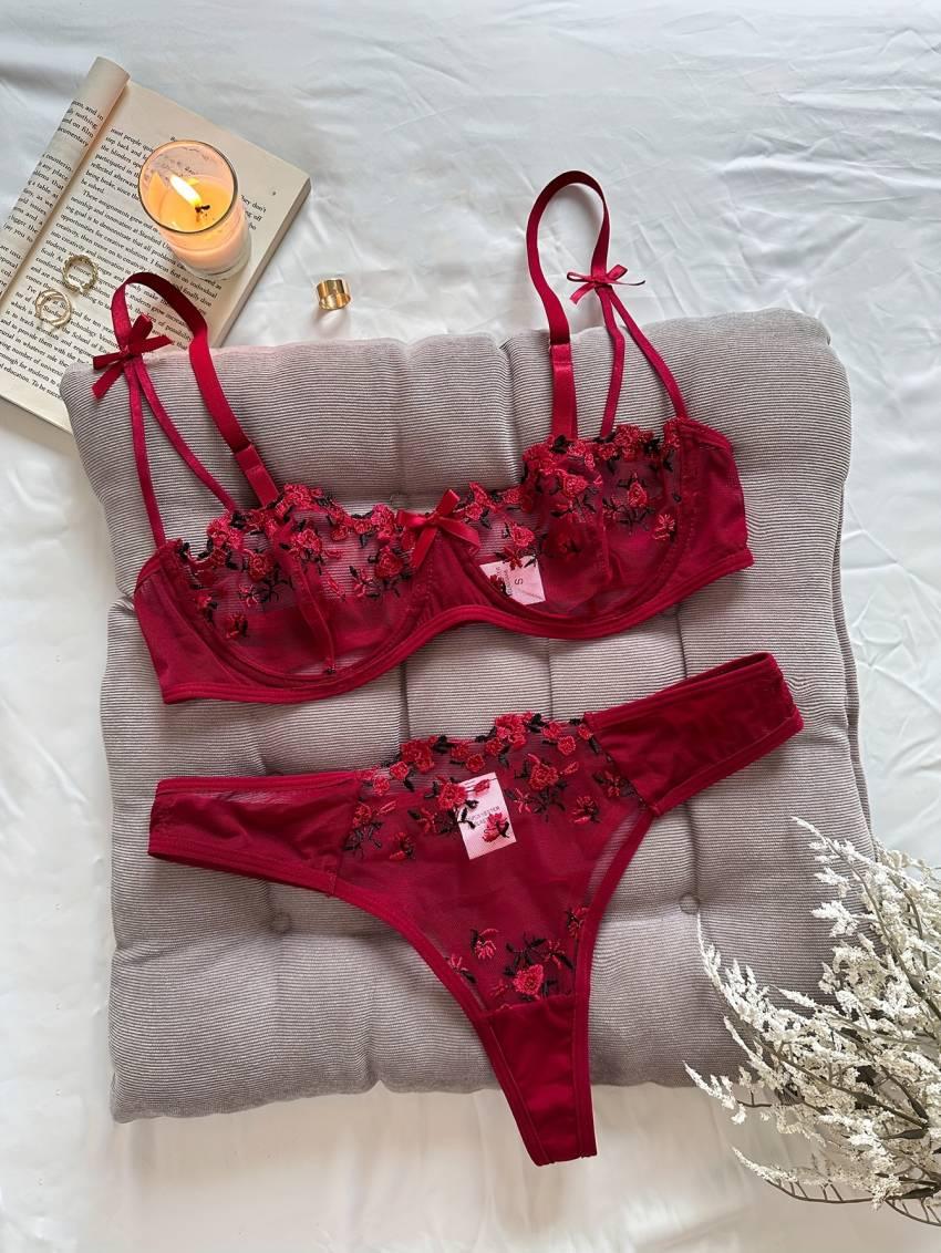 Floral Embroidery Lingerie Set, Mesh Unlined Bra & Mesh Panty, Women's Sexy Lingerie & Underwear - Image 15