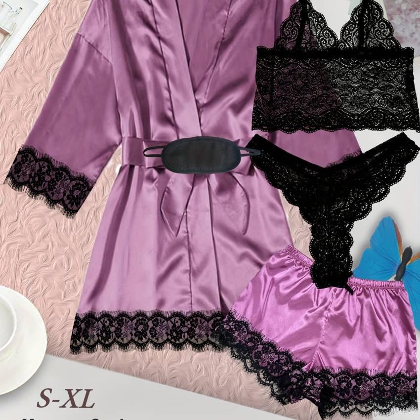 Luxurious Floral Lace Satin Lounge Set - Soft & Stylish Robe with Belt, V-Neck Cami, Thongs & Shorts - Womens Comfy Sleepwear for Chic Nighttime Glamour - Image 63