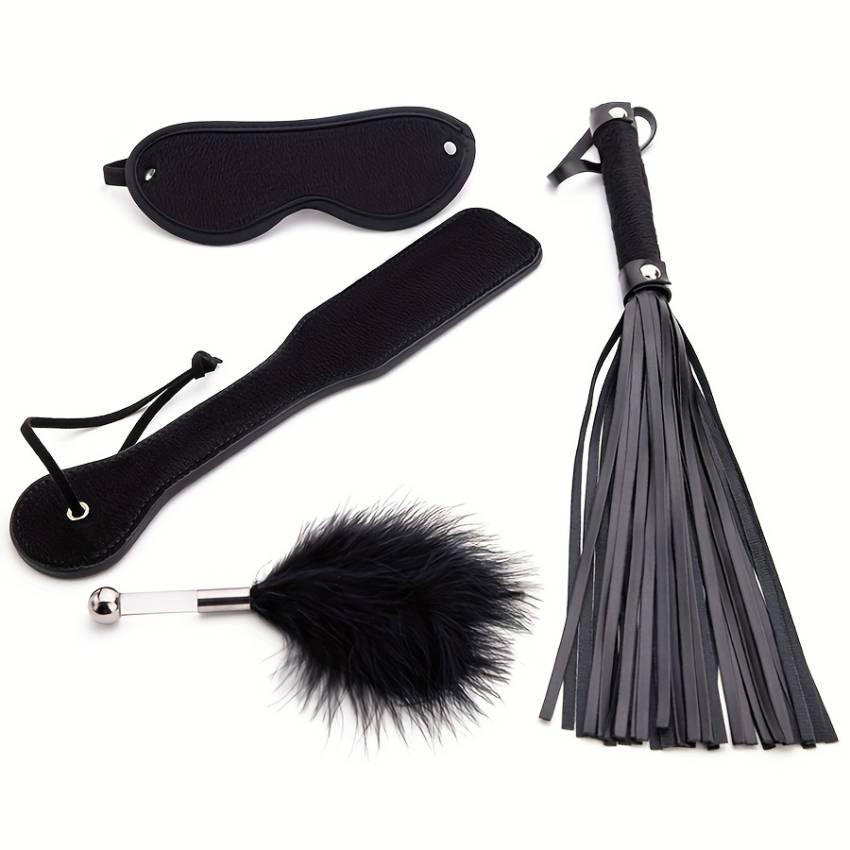 4pcs BDSM Faux Leather Training Kit: Flapping Paddle, Feather Teaser, SM Flogger, and Eye Mask for Sexy Flirting and Stimulating Play