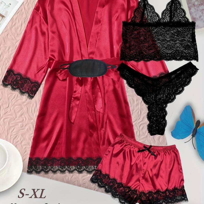 Luxurious Floral Lace Satin Lounge Set - Soft & Stylish Robe with Belt, V-Neck Cami, Thongs & Shorts - Womens Comfy Sleepwear for Chic Nighttime Glamour - Image 60