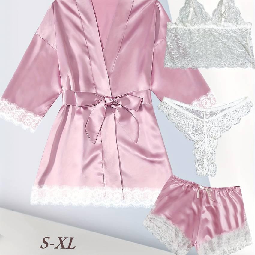 Luxurious Floral Lace Satin Lounge Set - Soft & Stylish Robe with Belt, V-Neck Cami, Thongs & Shorts - Womens Comfy Sleepwear for Chic Nighttime Glamour - Image 62