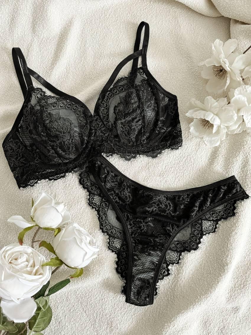 Sensual Floral Lace Lingerie Set - Semi Sheer Underwire Bra & Briefs with Eyelash Trim, Women's Elegant Intimate Apparel for Everyday Wear, Comfortable & Confident - Image 12