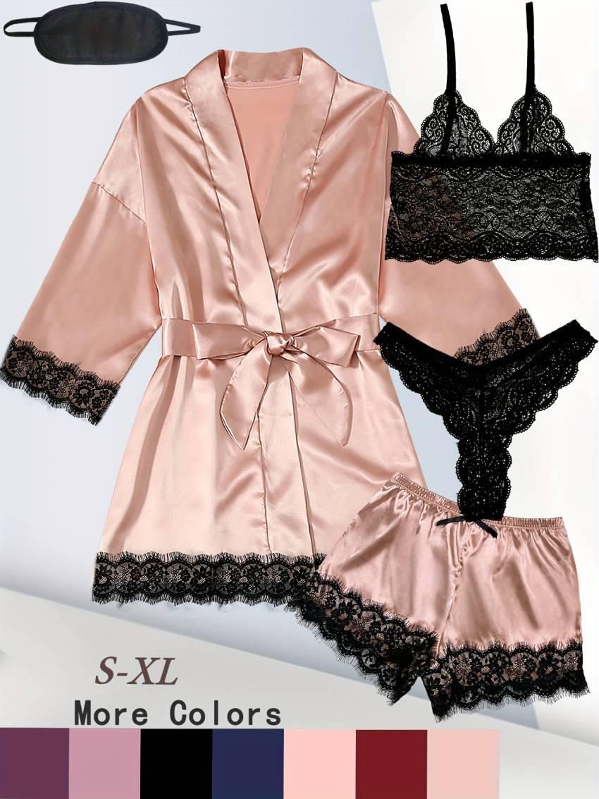 Luxurious Floral Lace Satin Lounge Set - Soft & Stylish Robe with Belt, V-Neck Cami, Thongs & Shorts - Womens Comfy Sleepwear for Chic Nighttime Glamour - Image 45