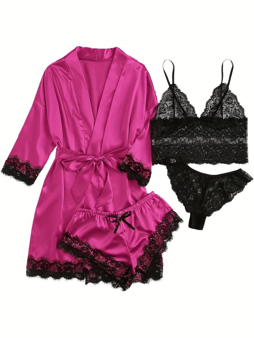 Three Quarter Sleeve Satin Elegant Lounge Set, Contrast Lace Robe With Belt, Cami Bra, Panty, and Elastic Shorts, Women's Loungewear - Image 11