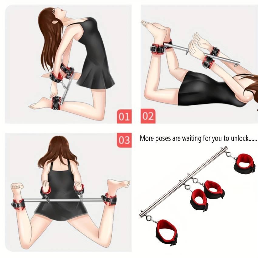 1pc Stainless Steel BDSM Bondage Set - Adjustable Extendable Spreader Pole, Handcuffs, Ankle Cuffs, and Restraints for Couples - Fetish Sex Toys for Adults, Role-Playing and Intimate Games