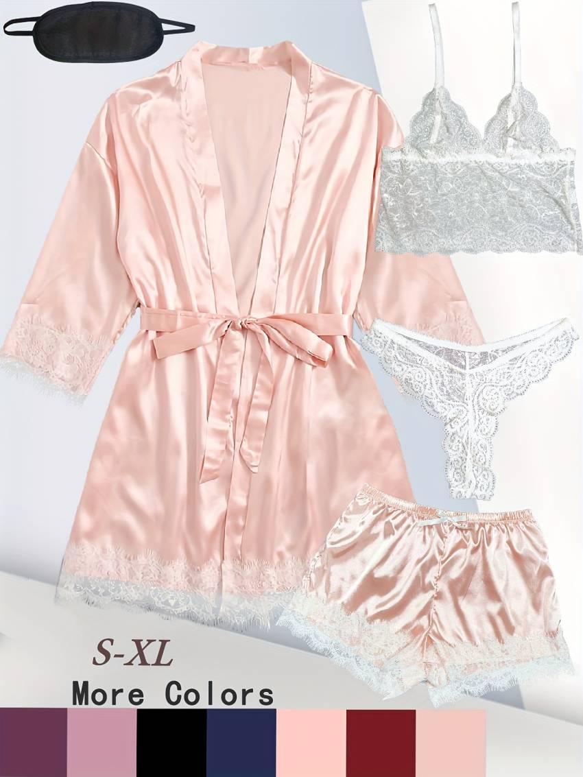 Luxurious Floral Lace Satin Lounge Set - Soft & Stylish Robe with Belt, V-Neck Cami, Thongs & Shorts - Womens Comfy Sleepwear for Chic Nighttime Glamour - Image 31