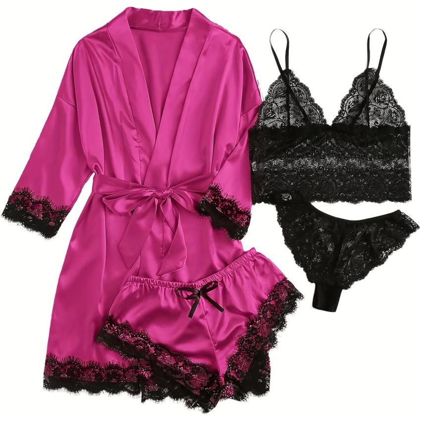 Three Quarter Sleeve Satin Elegant Lounge Set, Contrast Lace Robe With Belt, Cami Bra, Panty, and Elastic Shorts, Women's Loungewear - Image 39