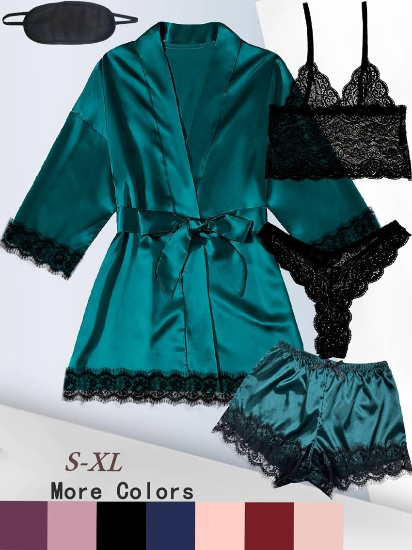 Luxurious Floral Lace Satin Lounge Set - Soft & Stylish Robe with Belt, V-Neck Cami, Thongs & Shorts - Womens Comfy Sleepwear for Chic Nighttime Glamour - Image 13