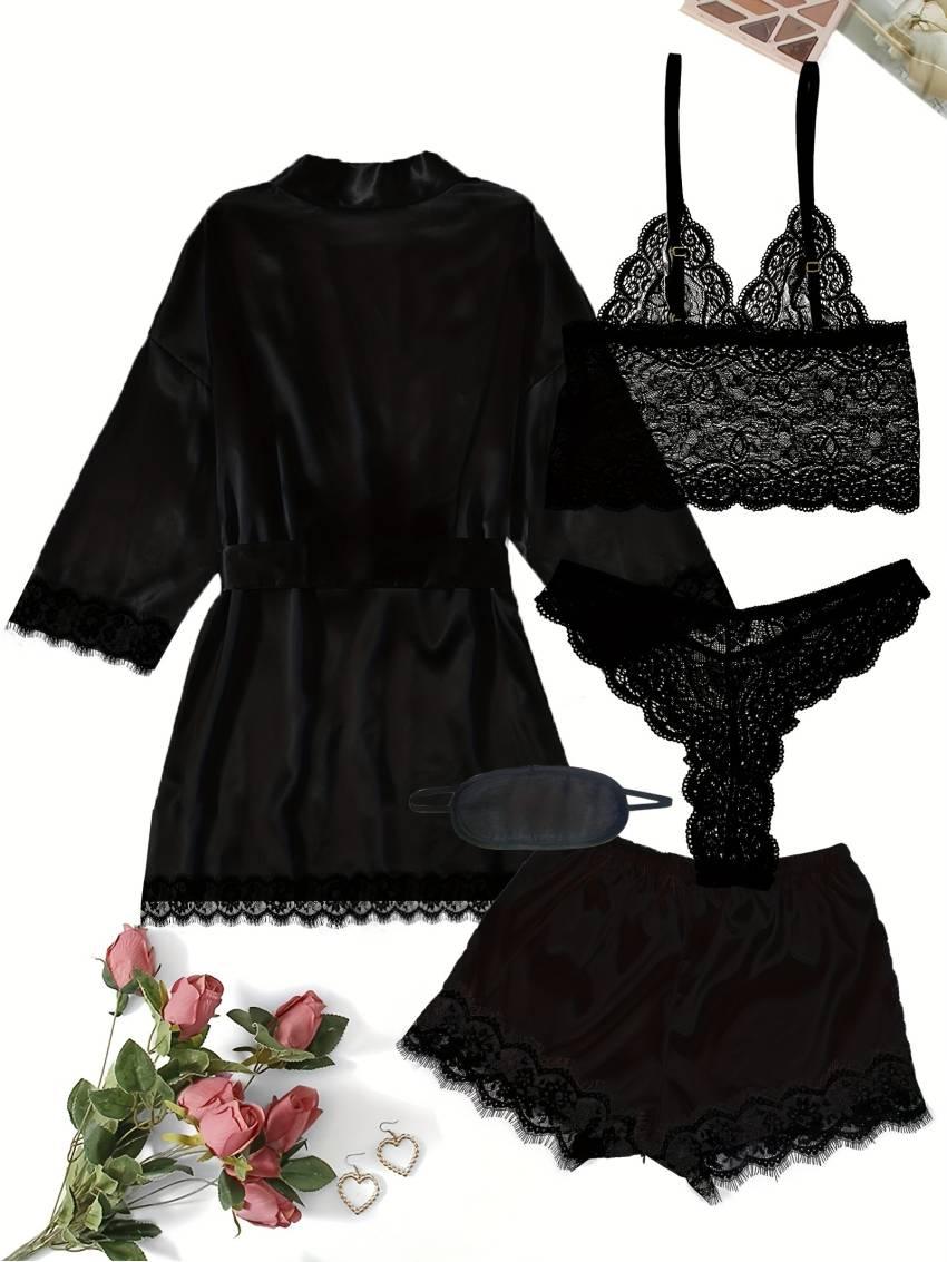 Luxurious Floral Lace Satin Lounge Set - Soft & Stylish Robe with Belt, V-Neck Cami, Thongs & Shorts - Womens Comfy Sleepwear for Chic Nighttime Glamour - Image 2