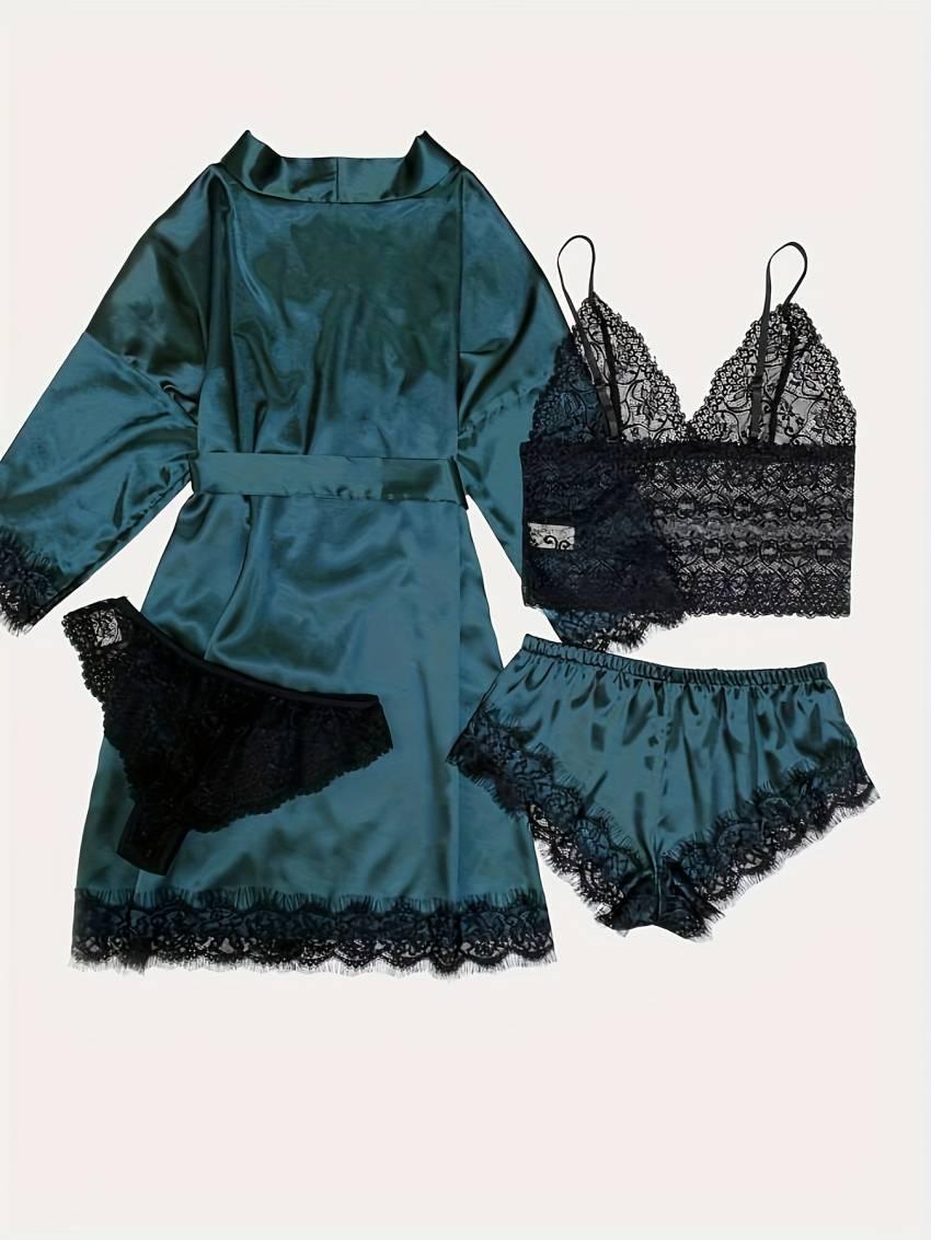 Three Quarter Sleeve Satin Elegant Lounge Set, Contrast Lace Robe With Belt, Cami Bra, Panty, and Elastic Shorts, Women's Loungewear - Image 30