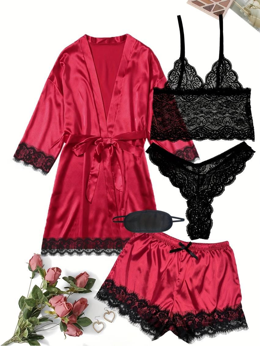 Luxurious Floral Lace Satin Lounge Set - Soft & Stylish Robe with Belt, V-Neck Cami, Thongs & Shorts - Womens Comfy Sleepwear for Chic Nighttime Glamour - Image 9