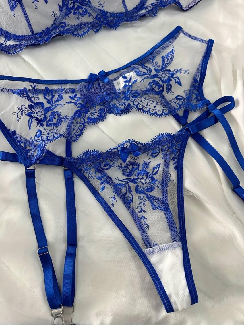 Exquisite Floral Embroidery Lingerie Set - Semi-Sheer, Bow-Adorned, Bra, Thong, and Garter Belt - Women's Sexy Intimates for a Sultry Night In - Image 10