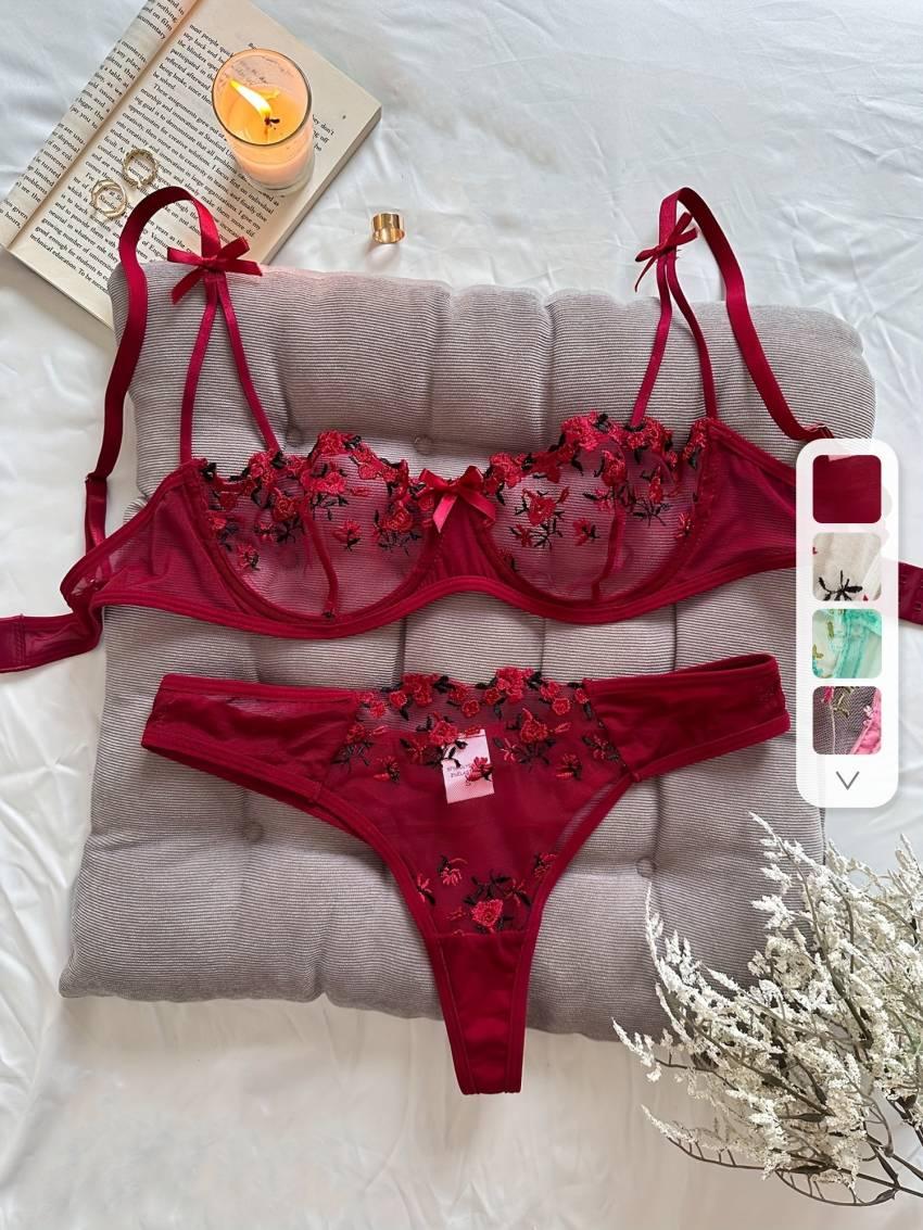 Floral Embroidery Lingerie Set, Mesh Unlined Bra & Mesh Panty, Women's Sexy Lingerie & Underwear - Image 16