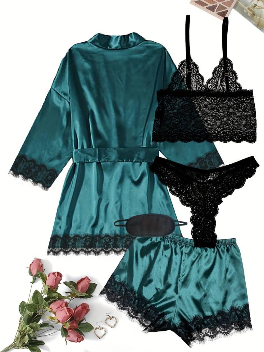 Luxurious Floral Lace Satin Lounge Set - Soft & Stylish Robe with Belt, V-Neck Cami, Thongs & Shorts - Womens Comfy Sleepwear for Chic Nighttime Glamour - Image 14