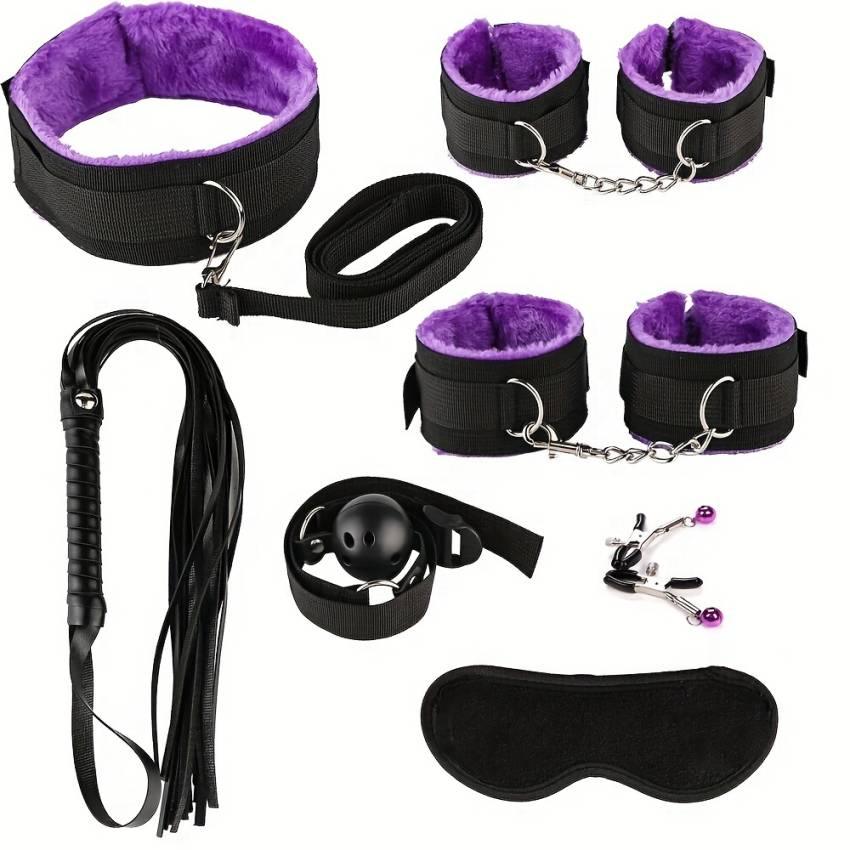 7pcs BDSM Bondage Couple Sex Handcuff Mouth Gag Nipple Clamp Whip Sexy Nylon Plush Adult Products Alternative Bundled Couple Flirting Adult Supplies - Image 3