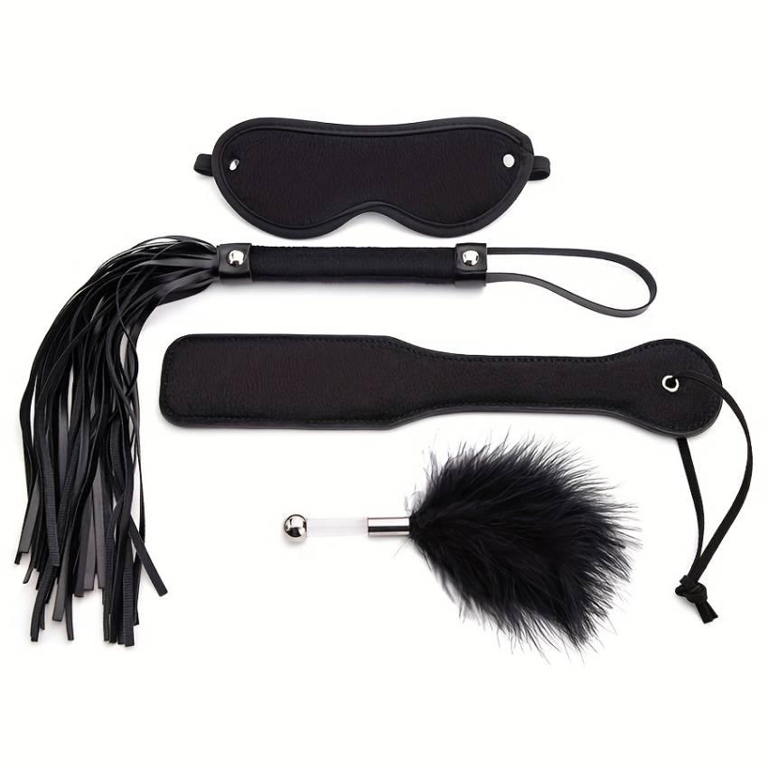 4pcs BDSM Faux Leather Training Kit: Flapping Paddle, Feather Teaser, SM Flogger, and Eye Mask for Sexy Flirting and Stimulating Play - Image 2