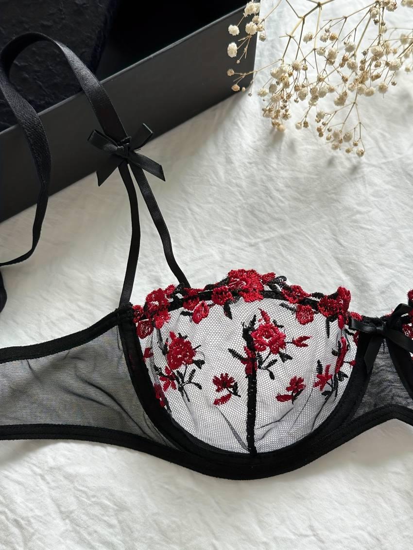 Floral Embroidery Lingerie Set, Mesh Unlined Bra & Mesh Panty, Women's Sexy Lingerie & Underwear - Image 4