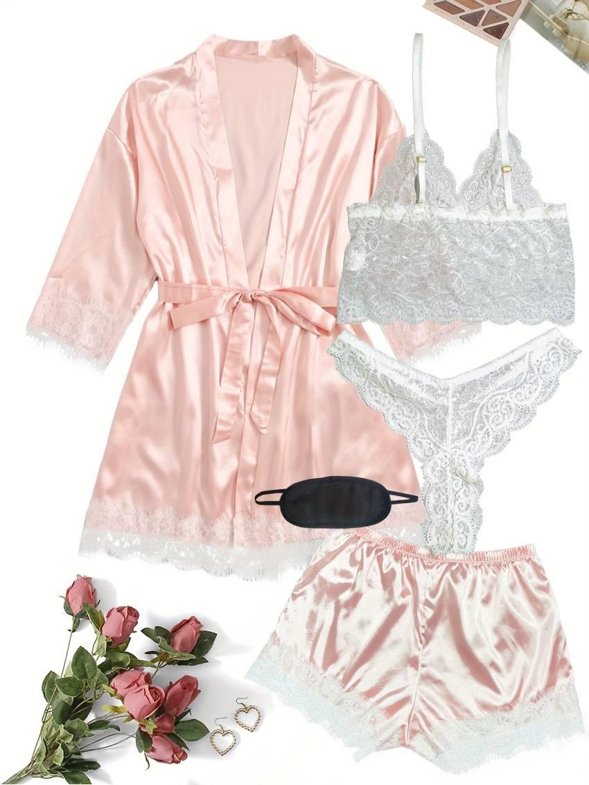 Luxurious Floral Lace Satin Lounge Set - Soft & Stylish Robe with Belt, V-Neck Cami, Thongs & Shorts - Womens Comfy Sleepwear for Chic Nighttime Glamour - Image 32