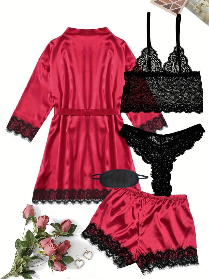 Luxurious Floral Lace Satin Lounge Set - Soft & Stylish Robe with Belt, V-Neck Cami, Thongs & Shorts - Womens Comfy Sleepwear for Chic Nighttime Glamour - Image 8