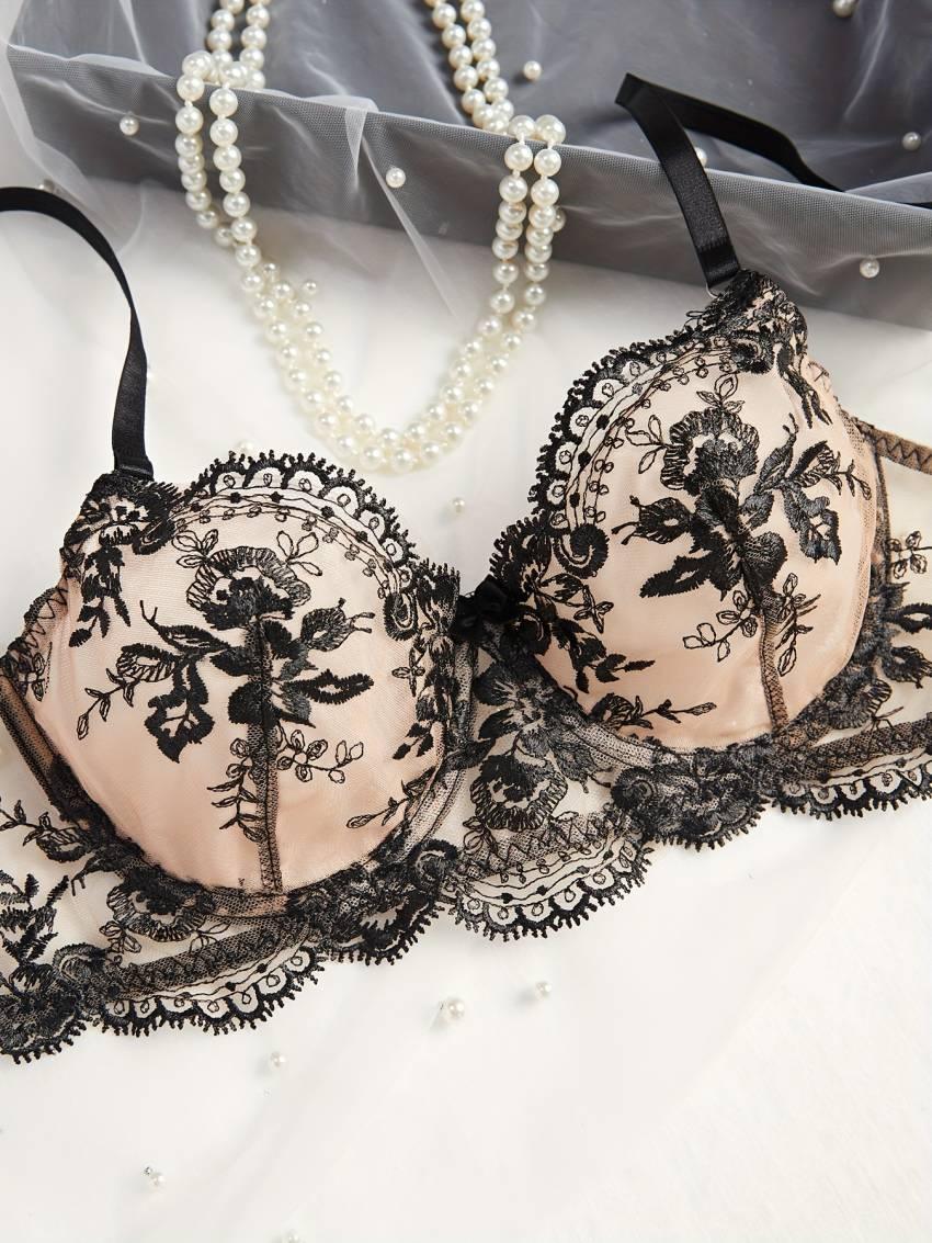 Exquisite Floral Embroidery Lingerie Set - Semi-Sheer, Bow-Adorned, Bra, Thong, and Garter Belt - Women's Sexy Intimates for a Sultry Night In - Image 4