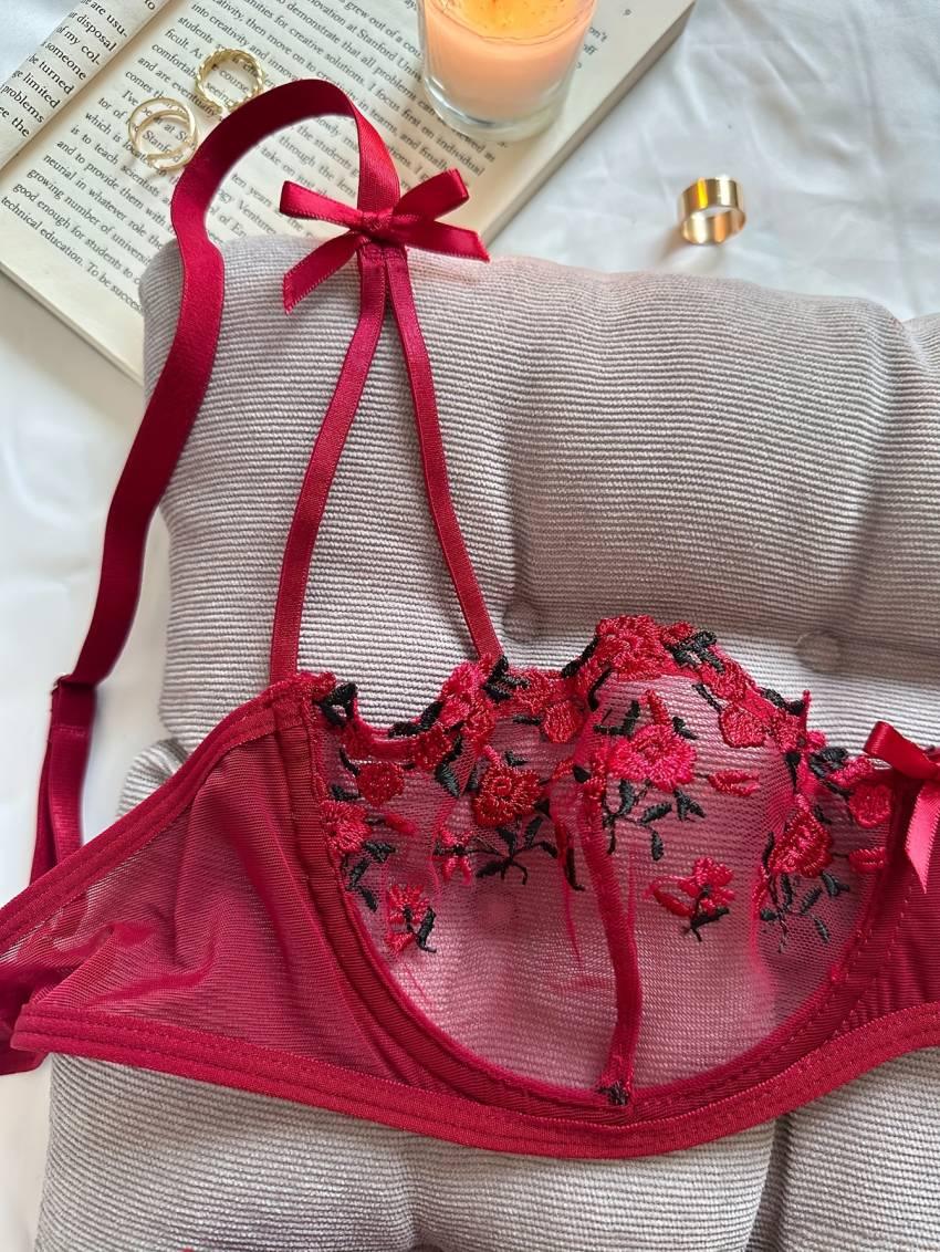 Floral Embroidery Lingerie Set, Mesh Unlined Bra & Mesh Panty, Women's Sexy Lingerie & Underwear - Image 13