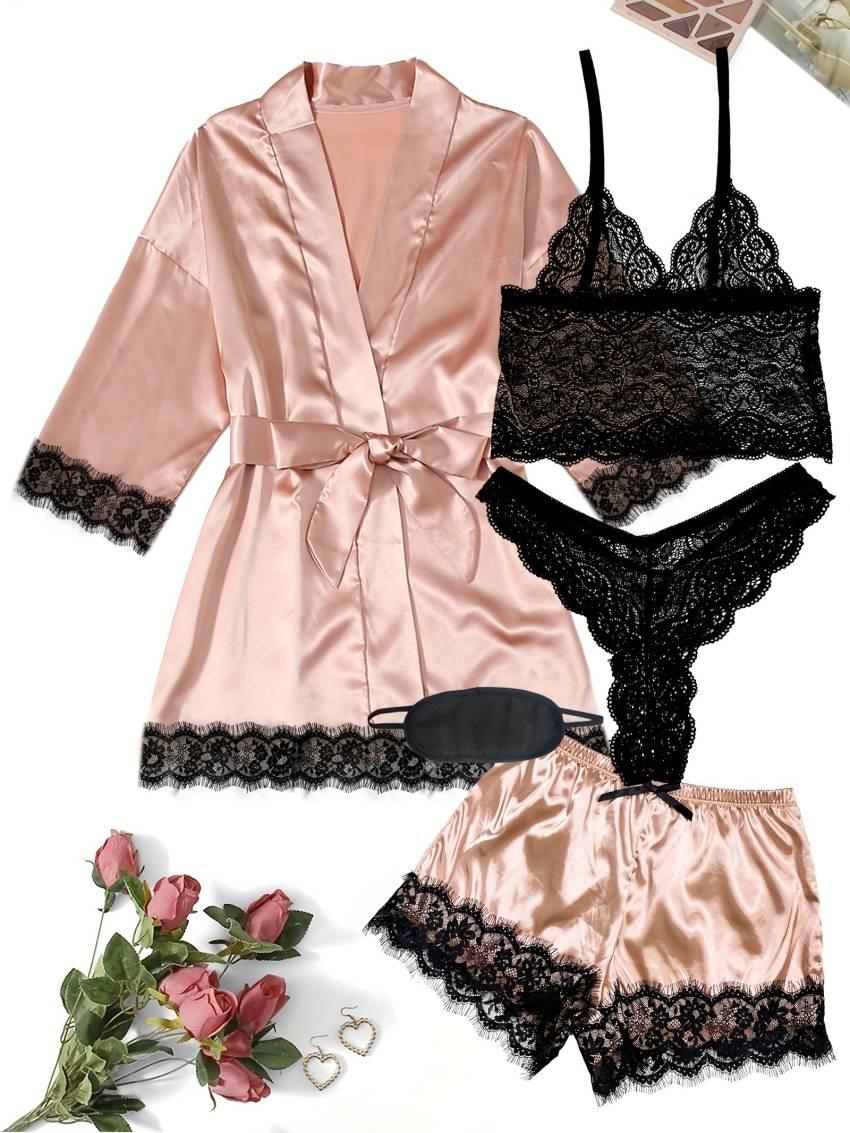 Luxurious Floral Lace Satin Lounge Set - Soft & Stylish Robe with Belt, V-Neck Cami, Thongs & Shorts - Womens Comfy Sleepwear for Chic Nighttime Glamour - Image 46