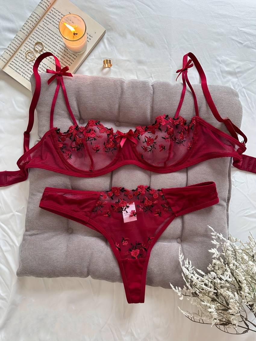 Floral Embroidery Lingerie Set, Mesh Unlined Bra & Mesh Panty, Women's Sexy Lingerie & Underwear - Image 11