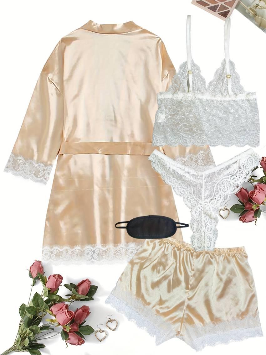 Luxurious Floral Lace Satin Lounge Set - Soft & Stylish Robe with Belt, V-Neck Cami, Thongs & Shorts - Womens Comfy Sleepwear for Chic Nighttime Glamour - Image 54