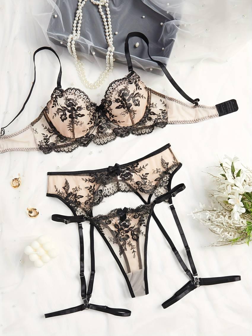 Exquisite Floral Embroidery Lingerie Set - Semi-Sheer, Bow-Adorned, Bra, Thong, and Garter Belt - Women's Sexy Intimates for a Sultry Night In