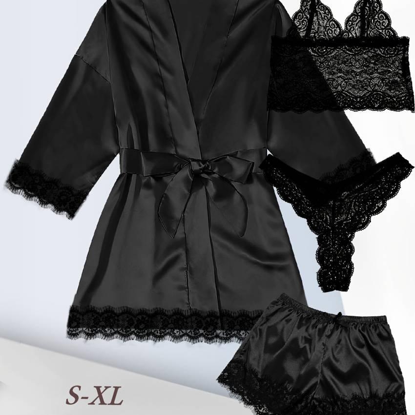 Luxurious Floral Lace Satin Lounge Set - Soft & Stylish Robe with Belt, V-Neck Cami, Thongs & Shorts - Womens Comfy Sleepwear for Chic Nighttime Glamour - Image 59