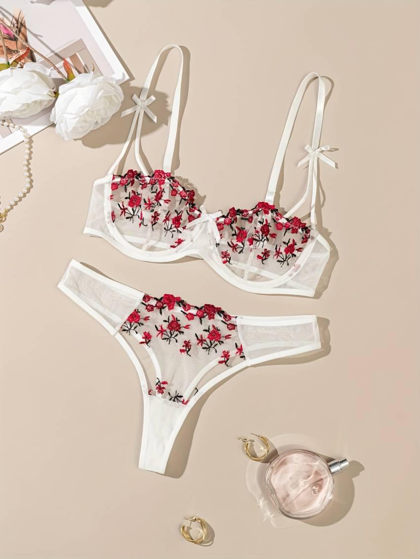 Floral Embroidery Lingerie Set, Mesh Unlined Bra & Mesh Panty, Women's Sexy Lingerie & Underwear - Image 33