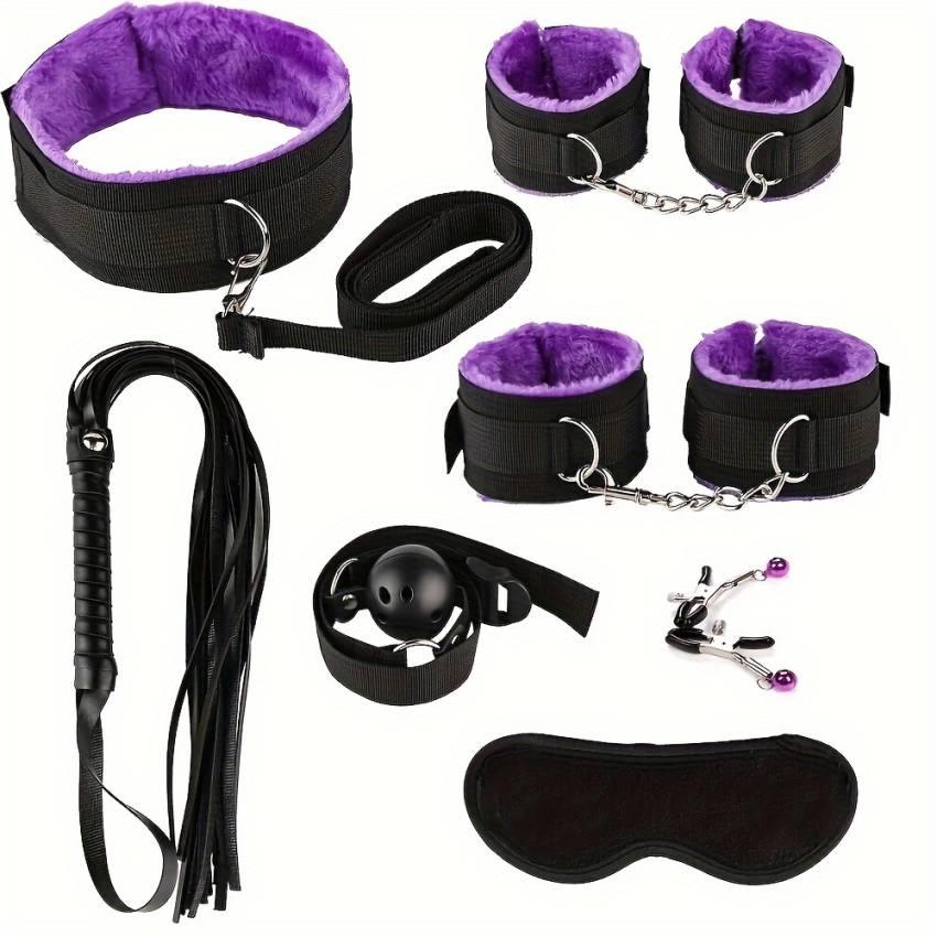 7pcs BDSM Bondage Couple Sex Handcuff Mouth Gag Nipple Clamp Whip Sexy Nylon Plush Adult Products Alternative Bundled Couple Flirting Adult Supplies - Image 4