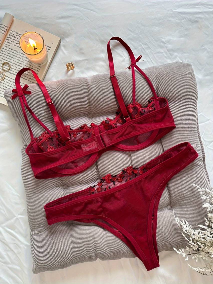 Floral Embroidery Lingerie Set, Mesh Unlined Bra & Mesh Panty, Women's Sexy Lingerie & Underwear - Image 12