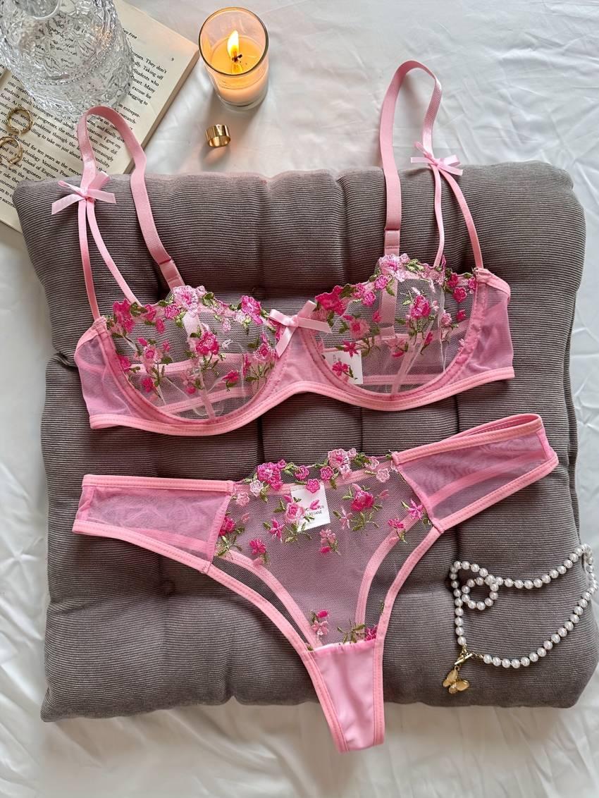 Floral Embroidery Lingerie Set, Mesh Unlined Bra & Mesh Panty, Women's Sexy Lingerie & Underwear - Image 10