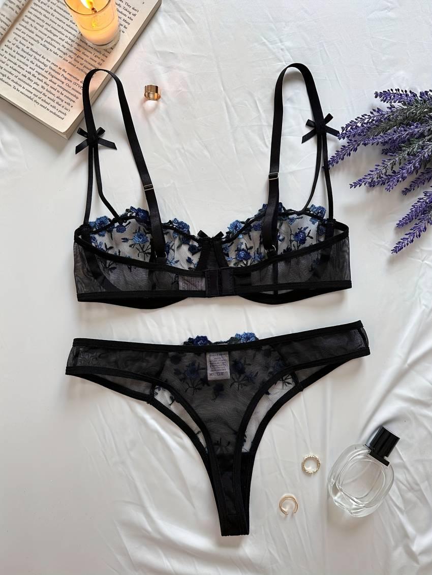 Floral Embroidery Lingerie Set, Mesh Unlined Bra & Mesh Panty, Women's Sexy Lingerie & Underwear - Image 18