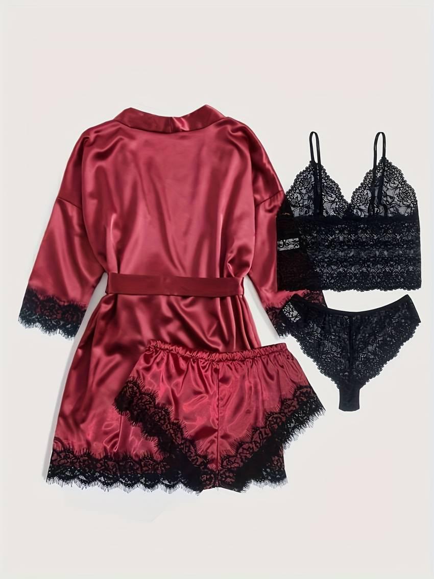 Three Quarter Sleeve Satin Elegant Lounge Set, Contrast Lace Robe With Belt, Cami Bra, Panty, and Elastic Shorts, Women's Loungewear - Image 22