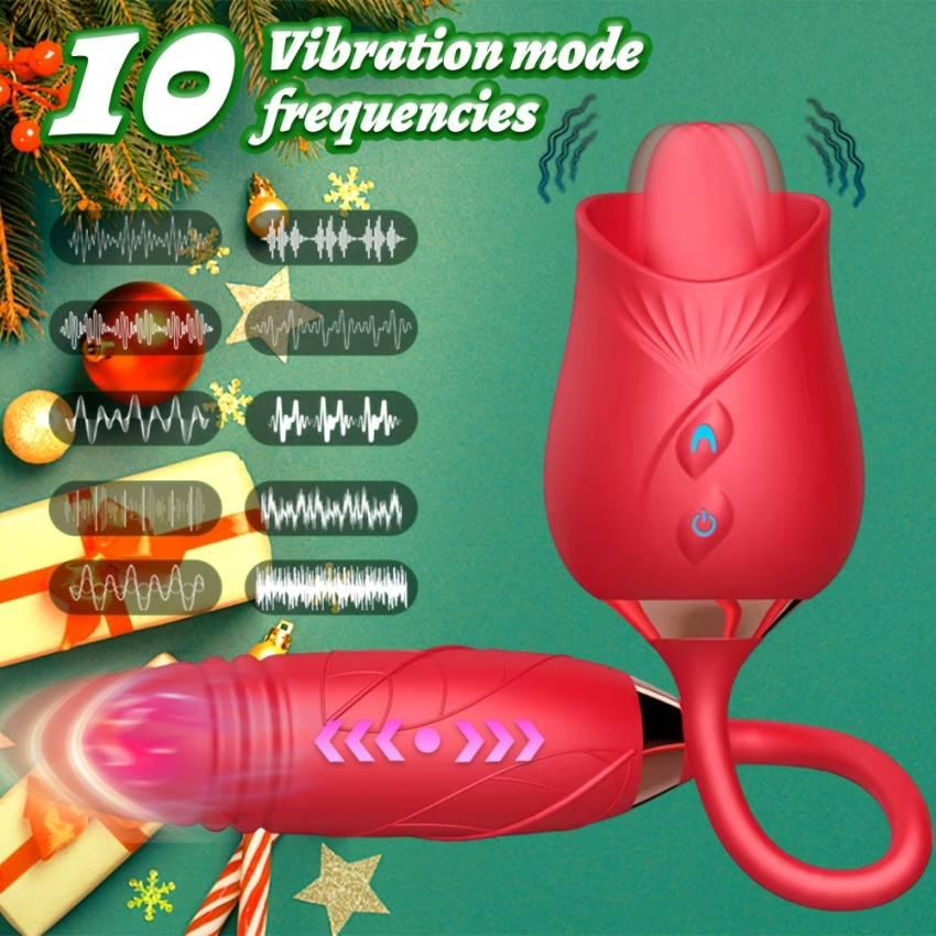 1pc Tongue And Penis 2-in-1 Vibrator, Deep Red Rose Color, Masturbation Tool, Sex Toy, Stimulates G-spot Eruption, with 10 Vibration Modes And 10 Licking And Sucking Modes, Suitable for Adult Women, Christmas Gift. - Image 5