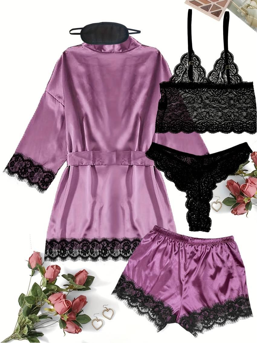 Luxurious Floral Lace Satin Lounge Set - Soft & Stylish Robe with Belt, V-Neck Cami, Thongs & Shorts - Womens Comfy Sleepwear for Chic Nighttime Glamour - Image 26