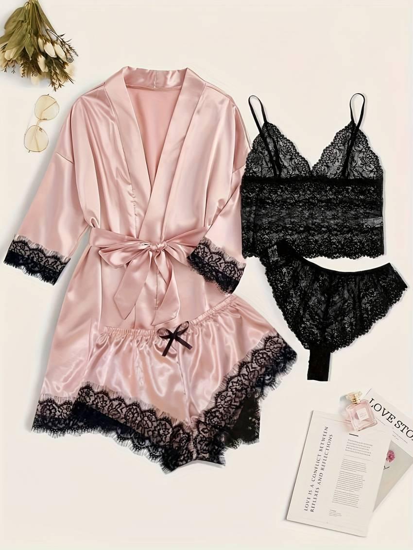 Three Quarter Sleeve Satin Elegant Lounge Set, Contrast Lace Robe With Belt, Cami Bra, Panty, and Elastic Shorts, Women's Loungewear - Image 25