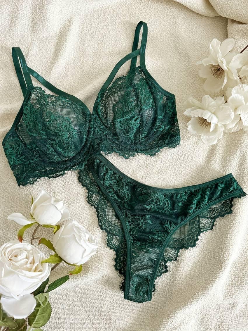 Sensual Floral Lace Lingerie Set - Semi Sheer Underwire Bra & Briefs with Eyelash Trim, Women's Elegant Intimate Apparel for Everyday Wear, Comfortable & Confident