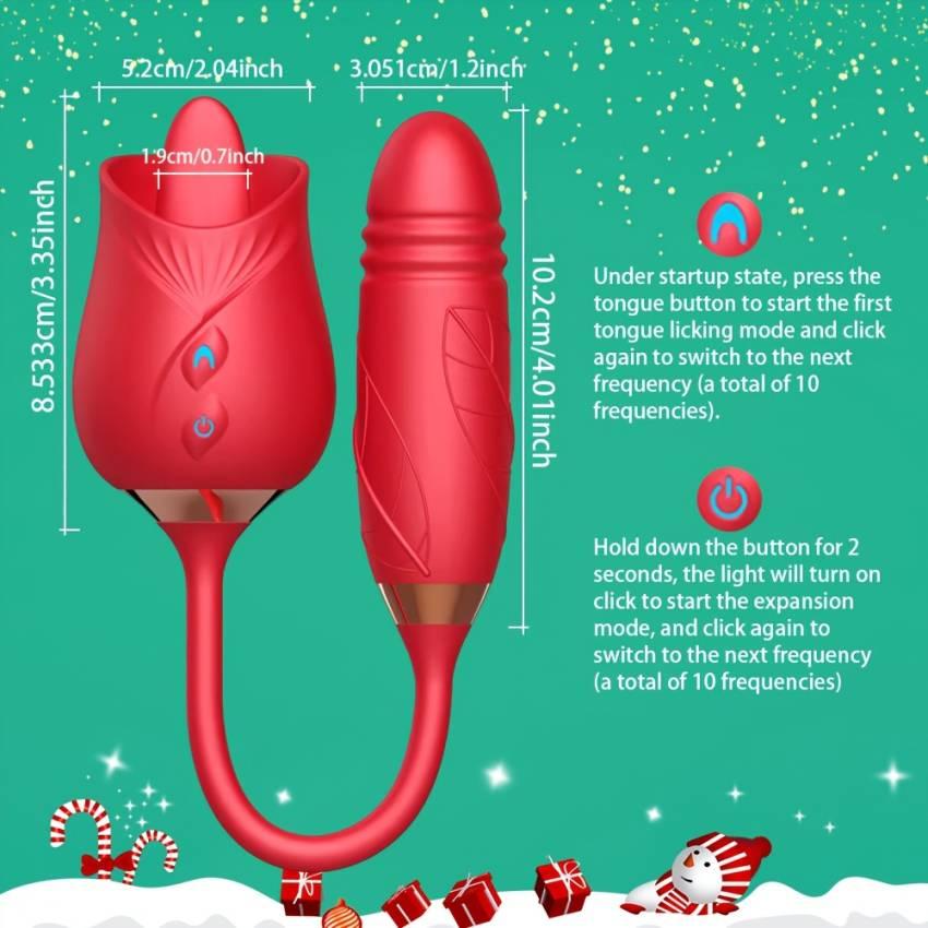 1pc Tongue And Penis 2-in-1 Vibrator, Deep Red Rose Color, Masturbation Tool, Sex Toy, Stimulates G-spot Eruption, with 10 Vibration Modes And 10 Licking And Sucking Modes, Suitable for Adult Women, Christmas Gift. - Image 4