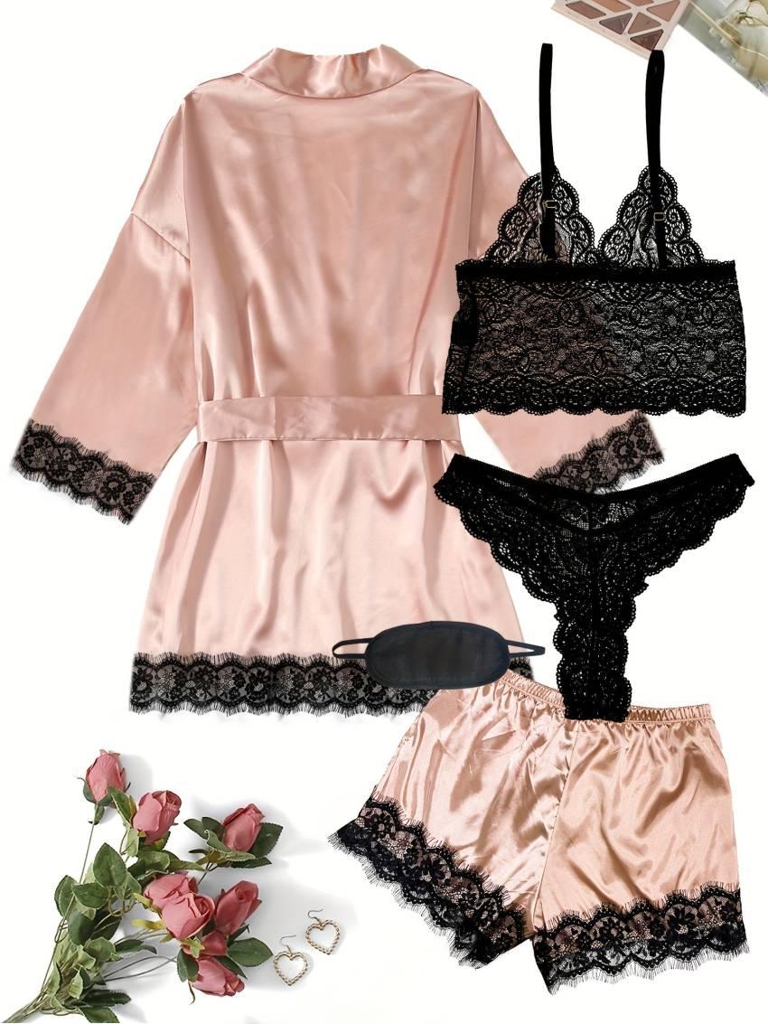 Luxurious Floral Lace Satin Lounge Set - Soft & Stylish Robe with Belt, V-Neck Cami, Thongs & Shorts - Womens Comfy Sleepwear for Chic Nighttime Glamour - Image 44