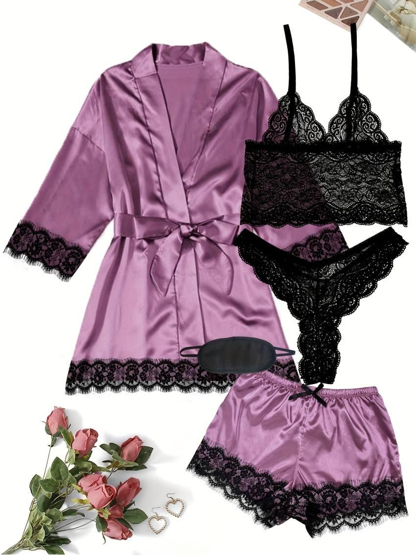 Luxurious Floral Lace Satin Lounge Set - Soft & Stylish Robe with Belt, V-Neck Cami, Thongs & Shorts - Womens Comfy Sleepwear for Chic Nighttime Glamour - Image 27